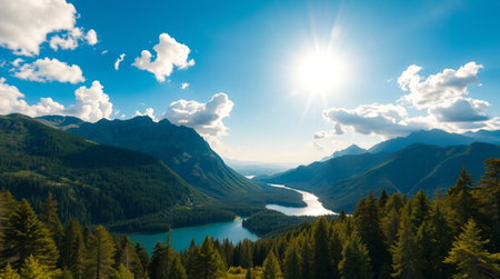 Panoramic view of the lake and mountains in the summer.の写真素材