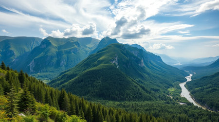 Panoramic view of the mountain river in the mountains. Summer landscape.の写真素材