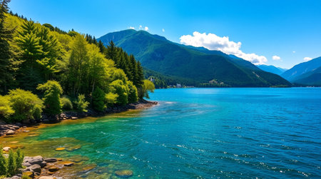 Mountain lake with clear water and green forest on the shore. Summer landscape