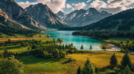Panoramic view of beautiful alpine lake in the mountains.