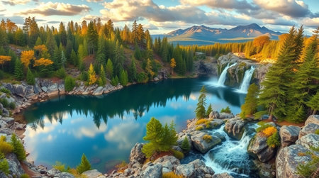 Beautiful autumn landscape with mountain lake and waterfall in the mountains.
