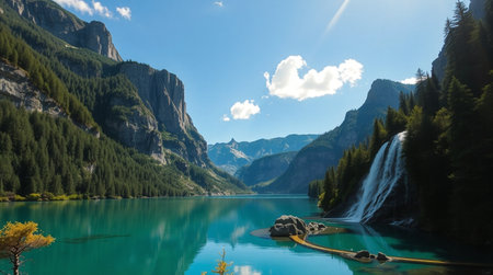 Beautiful alpine lake in Dolomites, South Tyrol, Italyの写真素材