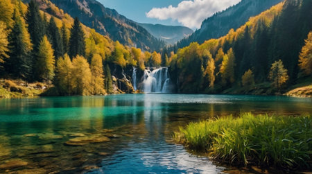 Beautiful autumn landscape with mountain lake and waterfall in the mountains.の写真素材