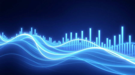 abstract blue sound wave on dark background. 3d render illustrationの写真素材