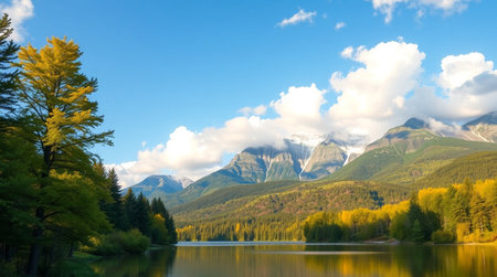 Mountain landscape with lake and forest in autumn. Beautiful nature scene.の写真素材