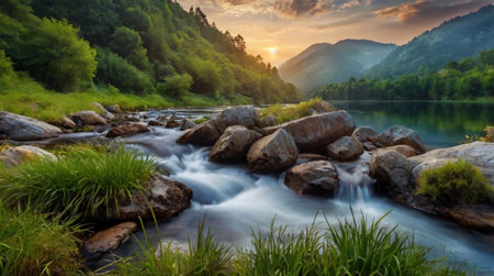 Beautiful mountain landscape with a mountain river and rocks at sunset.の写真素材