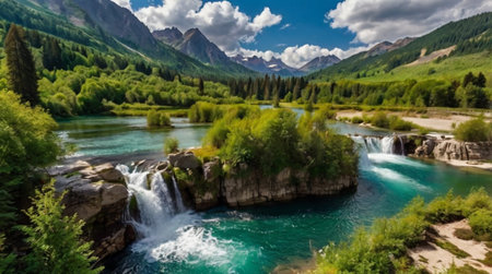 Waterfall in the Altai mountains, Siberia, Russia. Panoramaの写真素材