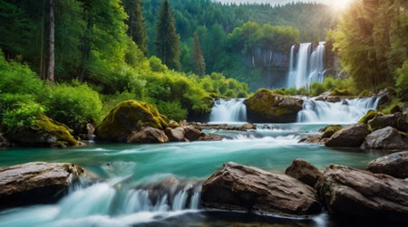 Waterfall in the forest. Beautiful waterfall in the Carpathian mountains.の写真素材