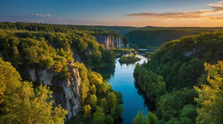 Panoramic view of the canyon of the river Gauja at sunset, Latviaの写真素材