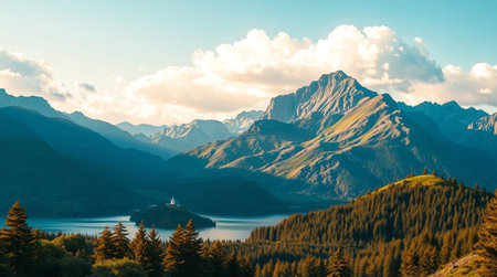 Panoramic view of the mountains and the lake at sunset.の写真素材