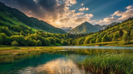 Mountain lake in the Ukrainian Carpathian Mountains at sunset.