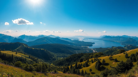 panoramic view of the lake and mountains on a sunny dayの写真素材