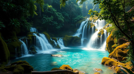 Beautiful waterfall in deep forest at Erawan Waterfall, Kanchanaburi, Thailandの写真素材
