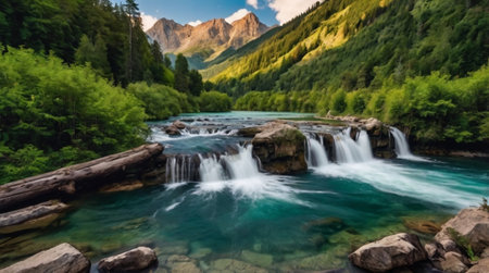 Waterfall in the mountains. Beautiful mountain landscape with a waterfall in the mountains.の写真素材