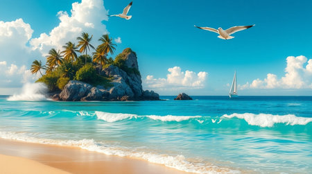Tropical island with white sand, turquoise water and seagulls. Seascape background