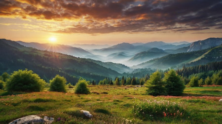 Majestic sunset in the mountains landscape. Carpathian, Ukraine, Europe. Beauty world.の写真素材