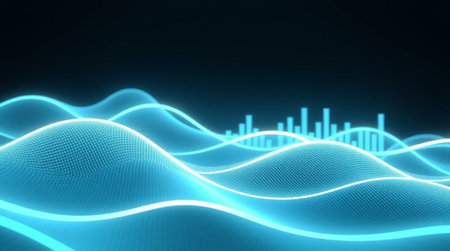 3d illustration of abstract blue digital sound wave flowing over dark backgroundの写真素材