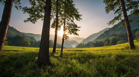 Sunset in the mountains. Beautiful summer landscape with meadow and forestの写真素材