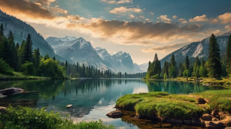 Panoramic view of beautiful lake in Dolomites, Italyの写真素材
