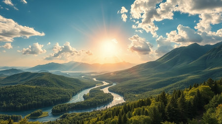 Beautiful summer landscape with river and mountains. Panoramic viewの写真素材