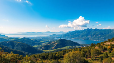 Panoramic view of Lake Ohrid, Macedonia. Summer landscape.の写真素材
