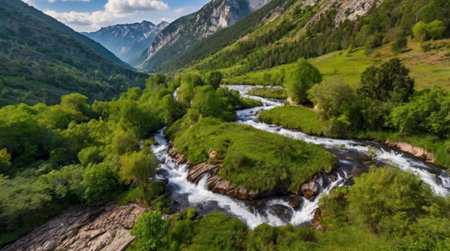 Aerial view of a mountain river in the summer. Beautiful nature landscape.の写真素材