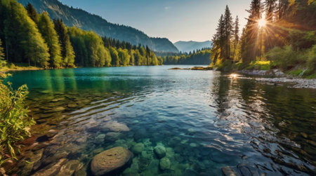 Panoramic view of alpine lake and forest in the morningの写真素材