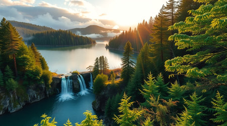 Beautiful alpine lake in the mountains with a waterfall at sunsetの写真素材