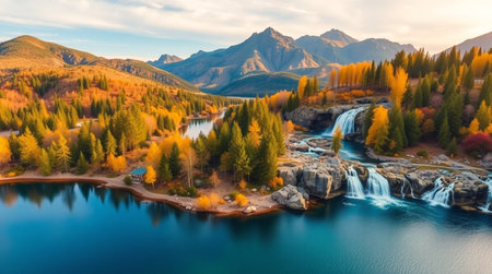 Autumn alpine landscape with colorful forest, lake and waterfall.の写真素材