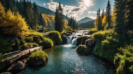 Beautiful panorama of a small mountain river in the Altai mountainsの写真素材