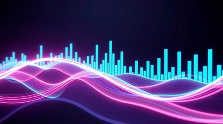 3d rendering of sound waveform on dark background. Sound waveform with particles. Sound waveform.の写真素材