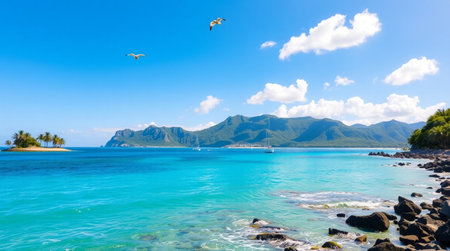 Tropical beach with turquoise water and seagullsの写真素材