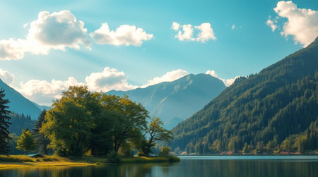 Mountain lake landscape. Panoramic view of mountain lake.の写真素材