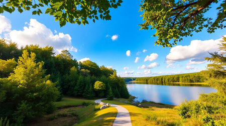 Beautiful summer landscape with lake and blue sky. Panoramic view.の写真素材