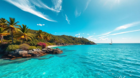 Panoramic view of beautiful tropical beach at Seychellesの写真素材