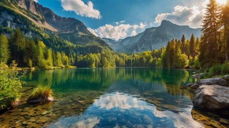 Panoramic view of alpine lake with reflection of mountains and clouds in the water.の写真素材