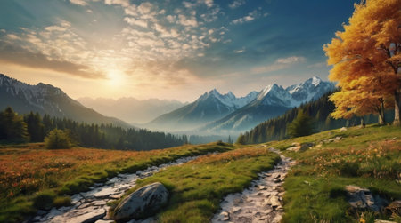 Mountain landscape at sunset. Panoramic view of the valley.の写真素材