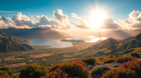 Sunset over Lake Wakatipu, Queenstown, New Zealandの写真素材
