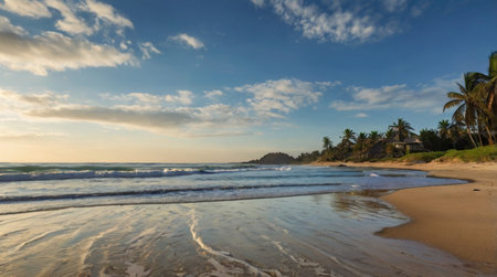 Tropical beach at sunset, Sri Lanka. Panorama.の写真素材