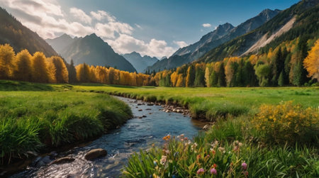 Panoramic view of autumnal alpine meadow and mountain river.の写真素材