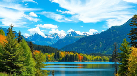 Colorful autumn alpine landscape with lake, mountains and forest.の写真素材