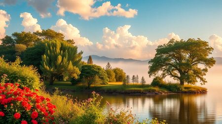 Panoramic view of a beautiful lake with trees and flowers.の写真素材
