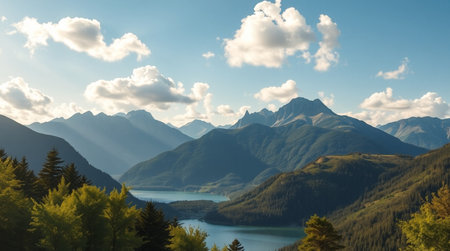 panoramic view of alpine lake and mountains in sunny dayの写真素材