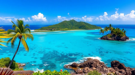 Panorama of the tropical island of Seychelles, La Digue