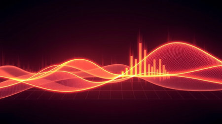 abstract red wave technology background with sound wave music equalizer technology