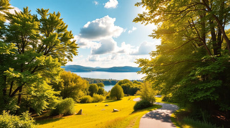 Beautiful landscape with lake, forest and mountains in the background.の写真素材