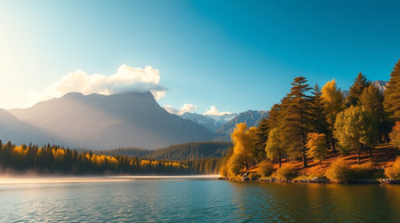 Mountain lake in the autumn. Landscape with mountains and forest.