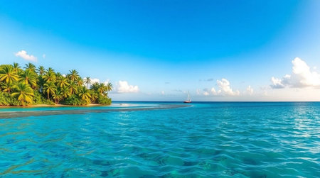 Beautiful tropical island with palm trees and blue lagoon at Maldivesの写真素材