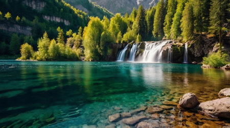Mountain lake with waterfall in the mountains. Beautiful summer landscape.の写真素材