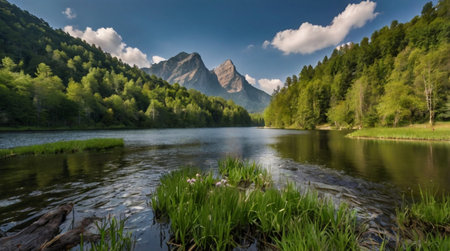panoramic view of alpine lake with mountains in the backgroundの写真素材